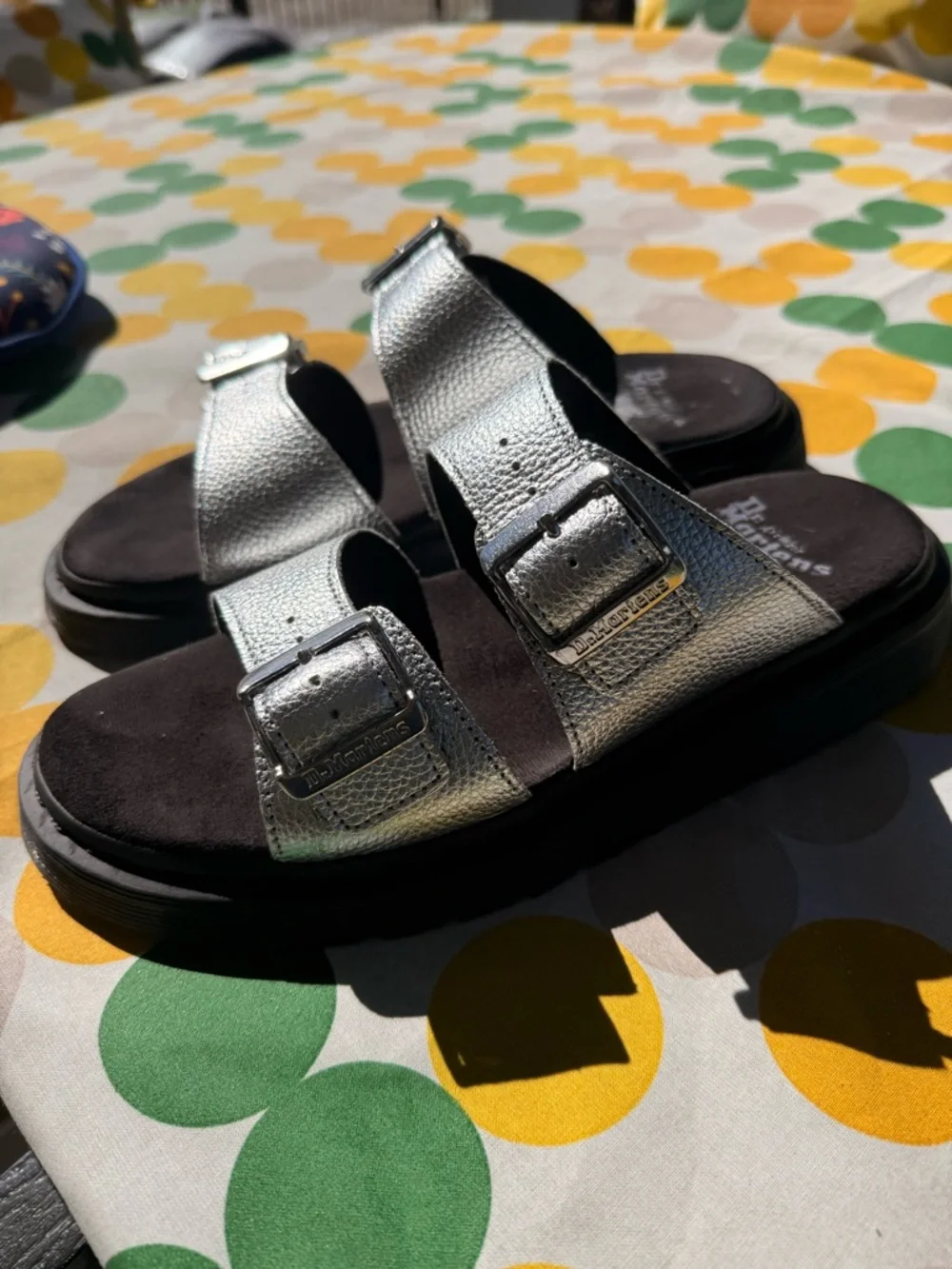 Dr. Martens Metallic Silver Buckle Double Strap Slide Sandals - Picture 2 of 6